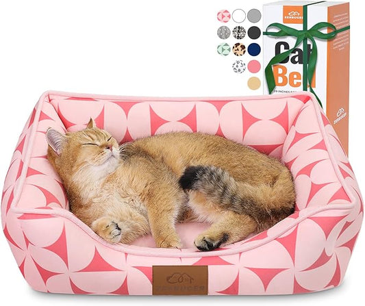 Rectangle Cat Dog Bed for Large Medium Small Pets Indoor Outdoor Machine Washable Sleeping Sofa Non-Slip Bottom Soft Puppy Bed Durable Orthopedic Calming Pet Cuddler (Small, Pink Pattern)