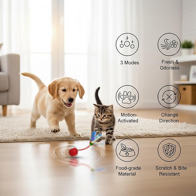 Interactive Cat Toys Ball for Cats - Upgrade Automatic Cat Toys for Indoor Cats, Chirping Cat Toy, 3 Modes 2 Speed Moving Cat Ball with Dragonfly Feathers 2PCS (Red Blue)