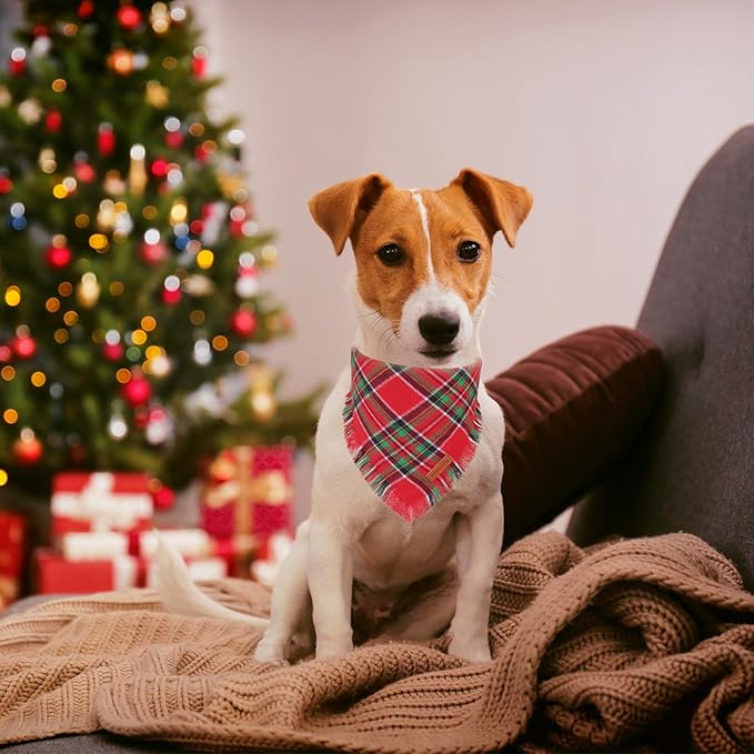 PTDECOR Christmas Dog Bandanas with Tassels Edges, 2 Pack Red Green Plaid Scarf Bib, Reversible Triangle Xmas Bandanas for Small Dogs Puppies Cats(Small)