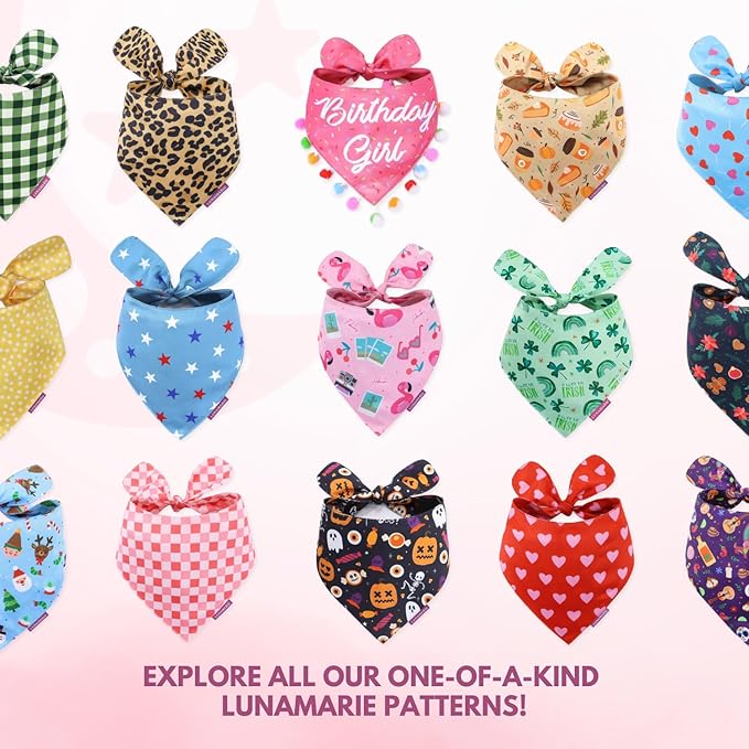 LunaMarie - Luxury Pet Birthday Bandanas -Premium & Silky Poly Fabric | 100% Handmade | Custom Shape Dual Layered (Aviator Glam, Medium)