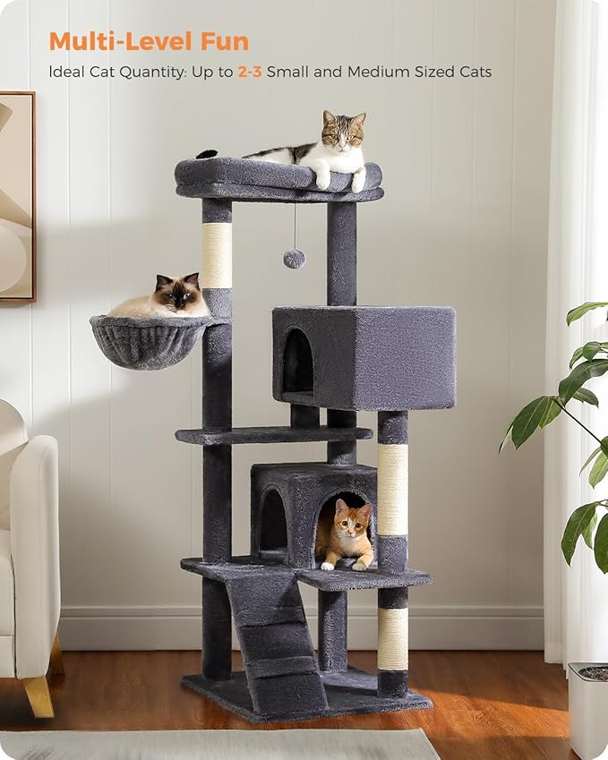 Cat Tree for Large Cats Adult with Super Large Top Perch, 56.3" Tower with Plush Hammock, Shelves and Dangling Pompom, Scratching Posts and 2 Condos House, Dark Gray
