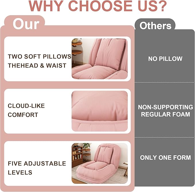 KEIKI Human Dog Bed for Adults, Giant Corduroy Plush Dog Bed with Adjustable Recliner, Foldable Nest Sofa Couch with Pillows for Bedroom or Living Room, Pink