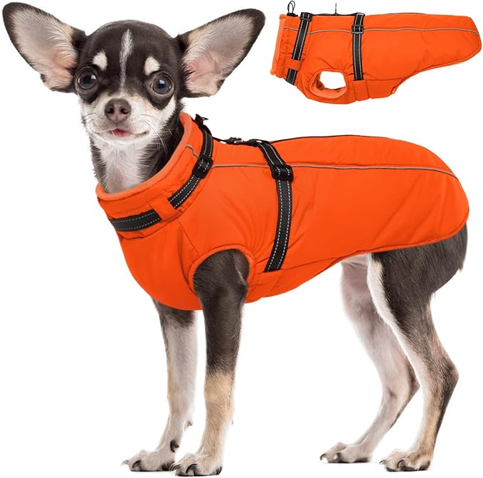 Lelepet Dog Winter Coat Waterproof Dog Jacket with Harness Built in Windproof Reflective Cold Weather Coats for Small Medium Large Dogs, Thermal Fleece Lined Coats for Walking Camping, Orange, XS