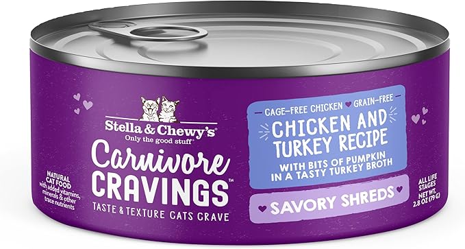 Stella & Chewy's Carnivore Cravings Savory Shreds - Wet Cat Food - High-Moisture Formula with Premium Cage-Free Chicken & Turkey - Perfect for Picky Eaters - 2.8 oz, 12 Count