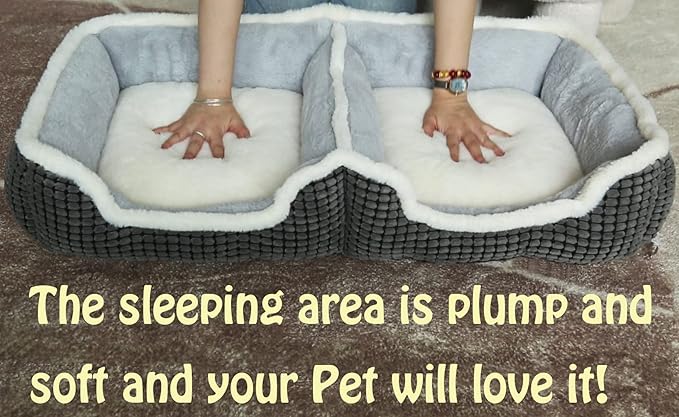 Dog Beds for Two Small Dogs, Double Cat Beds for Indoor Cats, Super Soft Washable Cat Bed with Anti-Slip & Water-Resistant Bottom, Luxury Durable Kitten Bed Puppy Bed, Rectangle Grey Animal Pet Beds