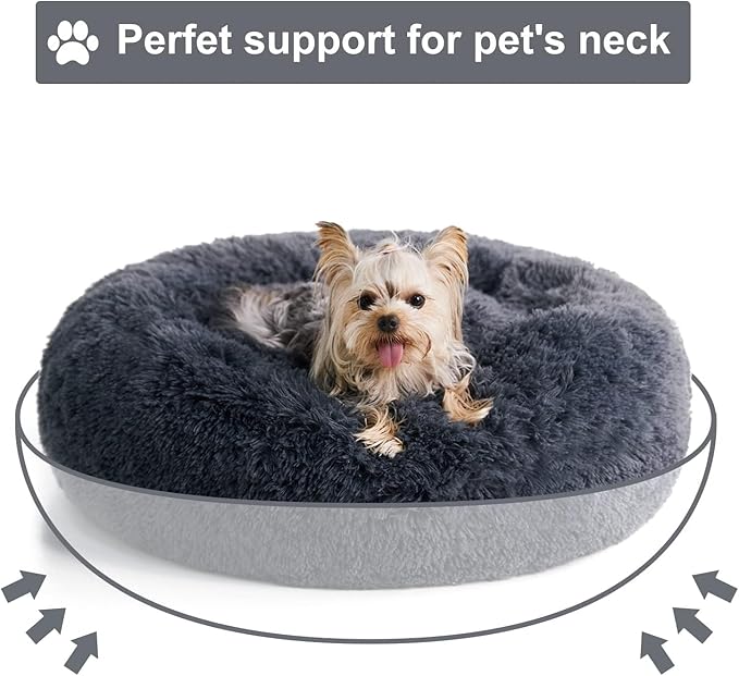 WNPETHOME Donut Dog Beds Large Sized Dog,Anti-Anxiety Caming Large Pet Bed,Fluffy Faux Fur Plush Puppy Bed，Warming Cozy Soft Round Bed for Pet, Cat Cuddler Cushion