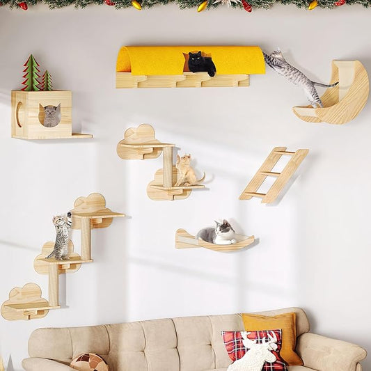 Cat Wall Shelves, 13-in-1 Solid Wood Wall-Mounted Cats Furniture Set with Scratching Post, Cat Climbing Wall Systems with 40''L Tunnel, Steps, Condos, House, Ladder, Cats Shelf Furniture