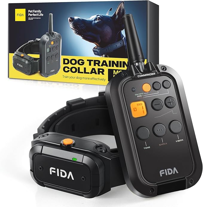 Fida Dog Shock Collar with Remote 3/4 Mile Range E Collar for Dogs Training, IPX7 Waterproof Rechargeable Dog Training Collar for Medium Large Dogs with 3 Modes: Viberation/Beep/Safe Shock(16 Levels)