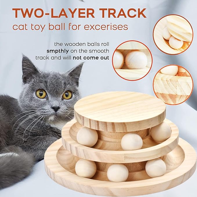 Cat Ball Track Toy, Double-Layer Tower cat Toy Roller, Interactive Wooden cat Toy - no Card Ball, Anti Slip, no Assembly Required, Ideal Choice for Physical and Mental Exercise of Kittens