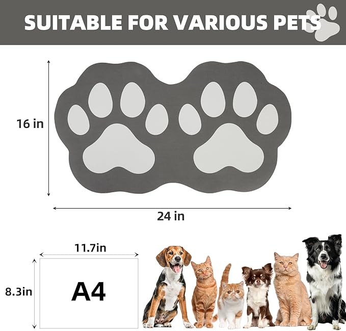 PUPTECK Dog Food Mat, Quick Absorbent Pet Cat Feeding Mat, Anti-Slip Dog Placemat for Food and Water Bowls with Rubber Backing, No Stains Floors Waterproof Indoor, Grayish Black & White 16"x24"