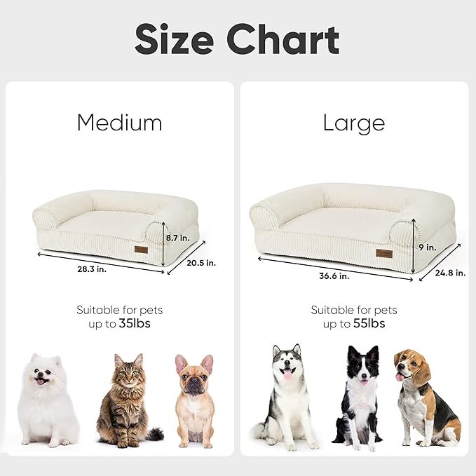 FUKUMARU Cute Dog Bed, Waterproof Corduroy Dogs Couch, 36in Orthopedic Pet Sofa for Medium to Large Dogs Dog, Warm Cotton Pet Bed with Washable Cover, Cream