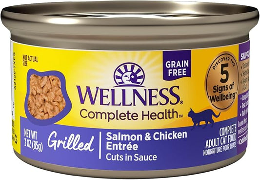 Wellness Complete Health Grilled, Adult Wet Cat Food, Natural, Protein-Rich, Grain-Free, Canned, 3 Ounce, 12 Pack, (Salmon and Chicken Entrée Recipe)