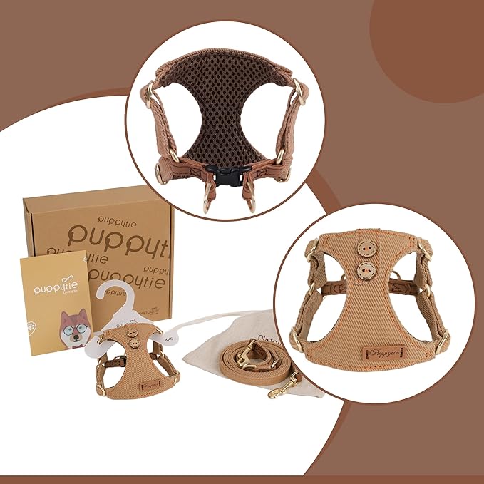 No Pull Dog Harness with Multifunction Dog Leash,Soft Adjustable No Choke Escape Proof Pet Harness Vest for Medium Dogs or Large Dogs,Khaki Camel,XXS