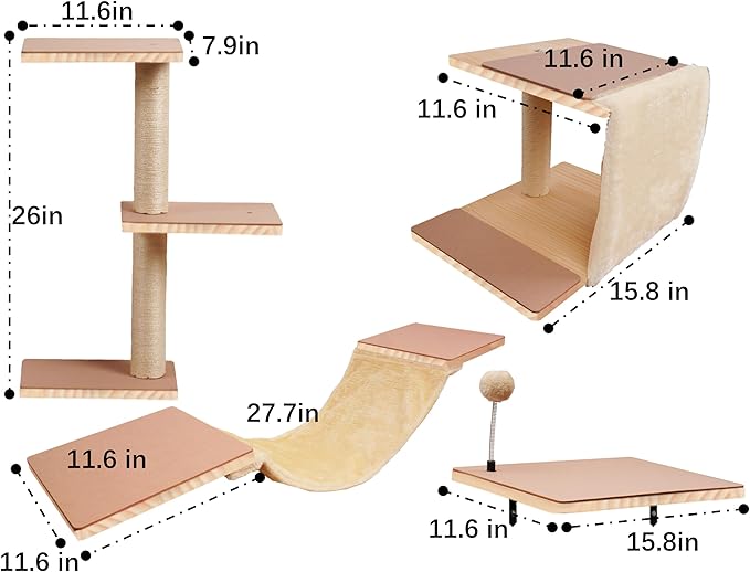 Cat Shelves for Wall，Solid Wood Cat Wall Furniture with Scratching Post,Hammock,Jumping Boards,Steps,Condo and Felt Pads, Suit for Cats Climb, Jump, Nap, Scratch-Beige