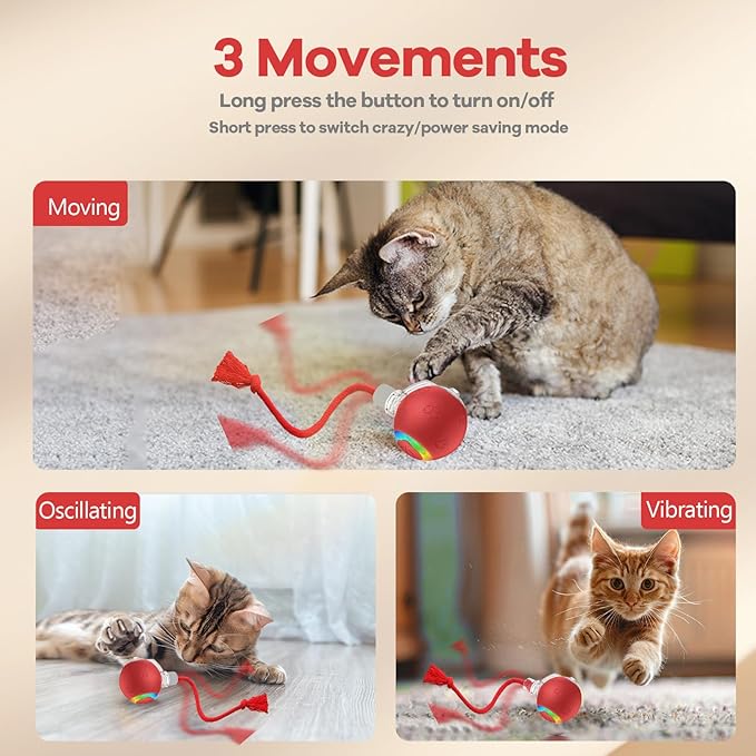 Interactive Cat Toys for Bored Indoor Cats - Motion Activated Fun with RGB Lighting, 2 Speed Settings & 3 Modes - Perfect for Cats & Kittens! (Red)