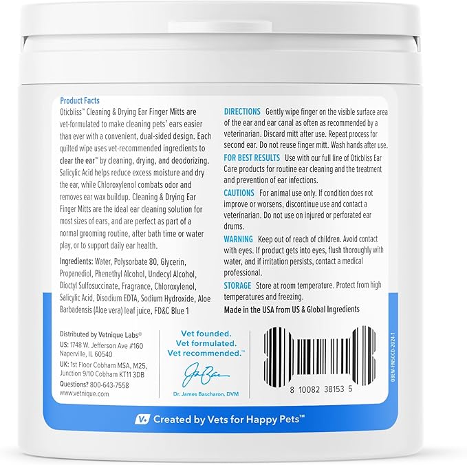 Vetnique Oticbliss Cat & Dog Ear Wipes - Dog Ear Infection Treatment or Dog Ear Cleaner Wipes for Dirty, Waxy, Smelly Dog Ears, Odor Control with Aloe Vera & Salicylic Acid (Finger Mitt Ear Wipes)