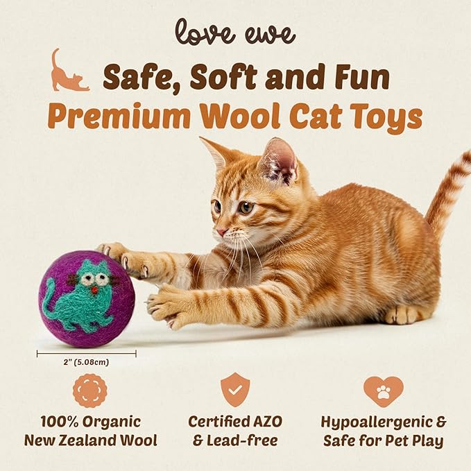 Hustle & Blush Love Ewe Felted Cat Toys 3 Pack - 2 Inch Cat & Mouse Hand Made Cute & Fun Design Kitten Wool Felt Balls for Indoor Play & Exercise - 100% New Zealand Handmade - Holiday Pet