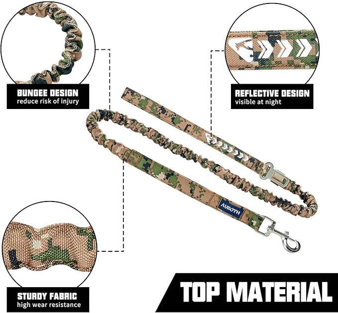AUROTH Dog Leash Large Dogs, Heavy Duty Dog Leash Bungee, No Pull Leashes for Shock Absorption, Woodland Camo Dog Training Leashes for Medium Large Breed Dogs 6FT, 2 Padded Handles