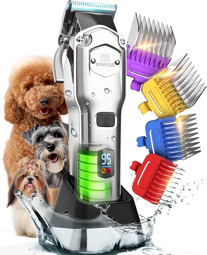 oneisall Professional Dog Grooming Clippers: Cordless Rechargeable Thick Hair Clipper with Detachable Metal Combs, Low Noise Heavy-Duty Pet Clippers for Curly/Fine/Wavy Hair, 676pro (Silver)