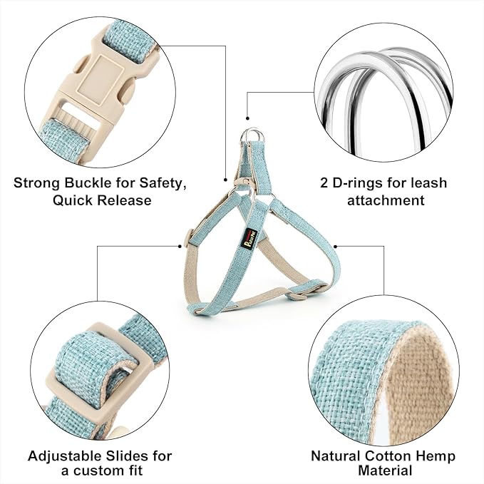 Plutus Pet Cotton Hemp Step in Dog Harness, Sustainable, Lightweight and Escape-Proof, Quick Fit Dog Harness for Puppy Small Medium and Large Dogs, Light Blue, L