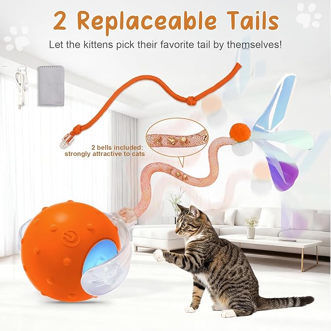 Interactive Automatic Cat Toy Ball with Chirping, 2 Tails & 2 Speeds - USB Rechargeable，Motion Activated Self Play Toy with Random Movement for Bored Indoor Cats, Kitten & Adult Cat Entertainment