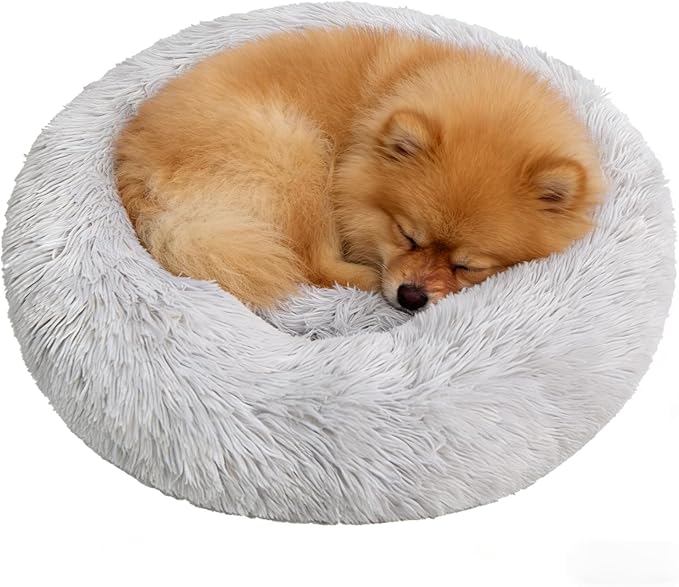 Calming Donut Dog Beds for Small Dogs Kitten - Washable Removable Cover Non-Slip Bottom, Round Pet Bed Puppy Bed Warming Fluffy Faux Fur Anti-Anxiety, Fits up to 15 lbs (Light Grey, 20")