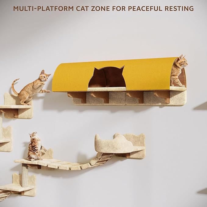 20-in-1 Cat Wall Shelves, Wall Mounted Pet Furniture w/Plush Fabric, Cat Climbing Wall System, 63'' Cats Tower w/Scratching Posts, Cats Shelf with 40''L Tunnel, Condos, House, Step and Ladder