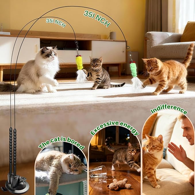 Cat Toys Interactive Teaser Wand, Feathered Fish Toy with Suction Cup Base, Realistic Fish & Feather Attachments for Multi-Cat Households, Perfect for Independent Play, Ideal for Cats & Kittens