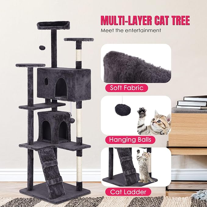 PayLessHere 70in Multi-Level Cat Tower with Scratching Post, Cat Condo Stand House, Indoor Kitty Activity Center with Furry Ball Toys, Ashy