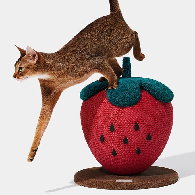 VETRESKA Strawberry Cat Scratching Post, Cute Cat Scratcher with Jute Rope, Vertical Cat Scratch Post for Indoor Cat and Kitten, Ring Paper Strawberry Leaves Attract Cats