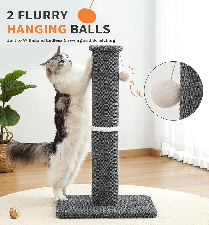 Made4Pets Tall Cat Scratching Post, 33" Modern Cat Scratcher with Hanging Balls, Heavy Duty and Thicker Scratching Post for Indoor Cats Adults, Sturdy Base Cat Scratch Post, Dark Grey