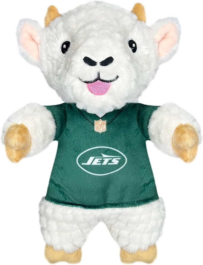 Pets First NFL New York Jets Goat Plush Toy for Dogs and Cats with Squeaker, Wearing a Team Jersey! Fun & Sporty Goat Shaped Dog Chew Toy, Interactive Pet Toy