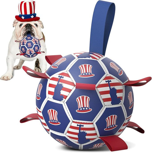 Diman Dog Toy Soccer Ball : Outdoor Dog Toys, Dog's Independence Day Gift, Dogs Soccer Ball with Straps for Tug of War, Pet Birthday Gift for Small Medium (6 Inch)