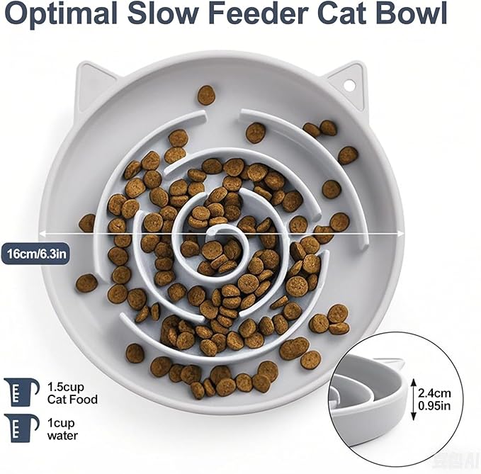 Slow Feeder Cat Bowl, Durable Anti-Gulping Cat Food Bowl for Healthy Digestion, Maze Design Easy to Clean for Wet/Dry Food(Grey)