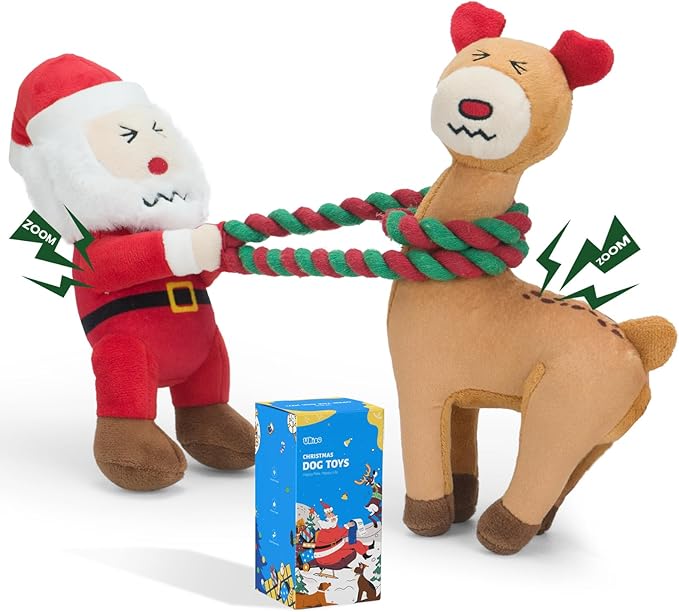 UNISE Christmas Dog Toys, Plush Squeaky Dog Toys for Large, Medium, Small Breeds with Detachable Rope to Keep Them Busy & Reduce Boredom