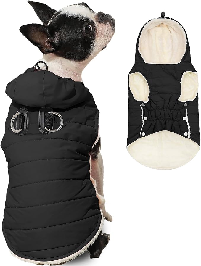 Fleece Lining Dog Hoodie with Harness Built in,Extra Warm Large Dog Jacket in Winter Doggie Coats with Drawstring Hooded,Black XXL