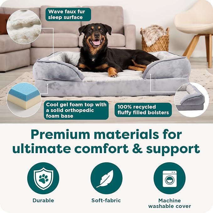 FurHaven Cooling Gel Dog Bed for Large Dogs, Perfect Comfort Sofa Bed with Cool Gel-Top Foam & Solid Orthopedic Foam Base for Joint Support, Washable Cover, Jumbo XL, Plush & Velvet, Granite Gray