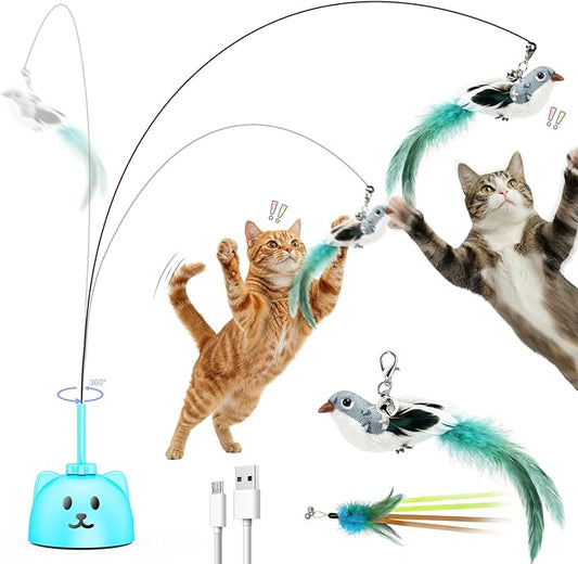 Interactive Cat Toys for Indoor Cats - Automatic Flying Bird Feather Toy, USB Rechargeable Electric Cat Teaser with Strong Suction Base, Smart Motion Activated Self-Play Enrichment Toy for Bored Cats