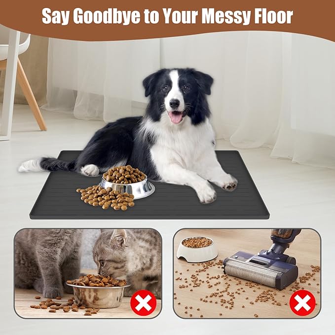 18"x12" Dog Food Mat, Silicone Dog and Cat Mats for Food and Water Bowls, Waterproof Raised Edge Pet Feeding Mat for Contain Spills Protects Floors, Multiple Colors & Sizes for Pets, Light Gray