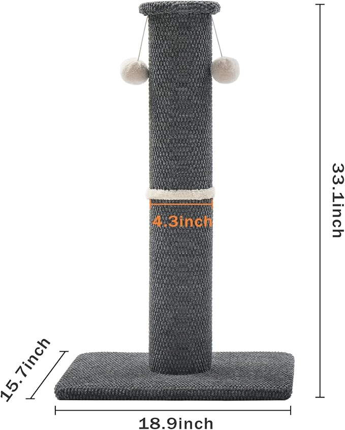 Made4Pets Tall Cat Scratching Post, 33" Modern Cat Scratcher with Hanging Balls, Heavy Duty and Thicker Scratching Post for Indoor Cats Adults, Sturdy Base Cat Scratch Post, Dark Grey