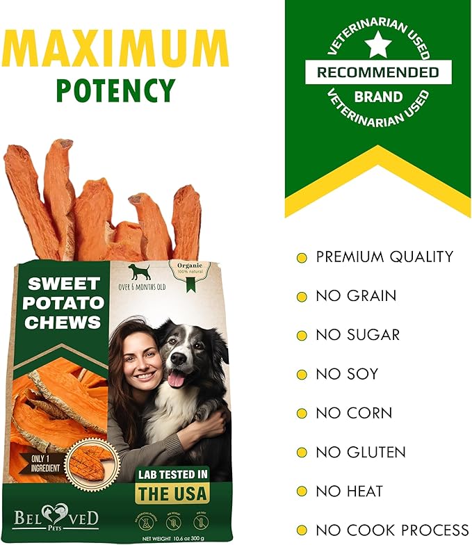 Beloved Pets Dog Treats Sweet Potato Chips 10.6 oz - All Natural Pet Snack Chews - Grain Free & Human Grade Dried Snacks in Bulk - Best Jerky for Training Small & Large Dogs