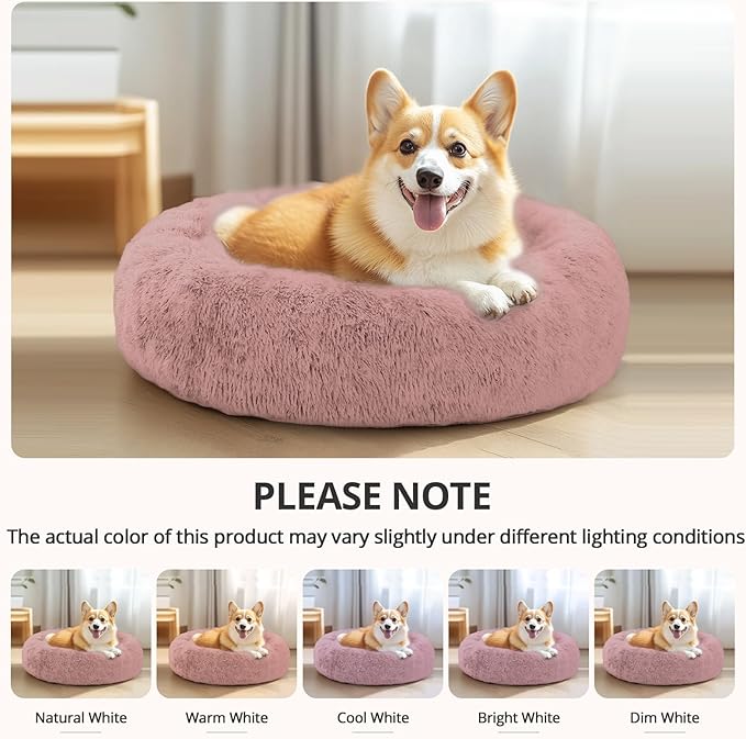 JOLLYVOGUE Calming Dog Bed Medium Size Dog, Anti-Anxiety Donut Medium Pet Bed, 31 inches Fluffy Faux Fur Round Cat Bed, Fits up to 45 lbs Pets (Dark Pink)