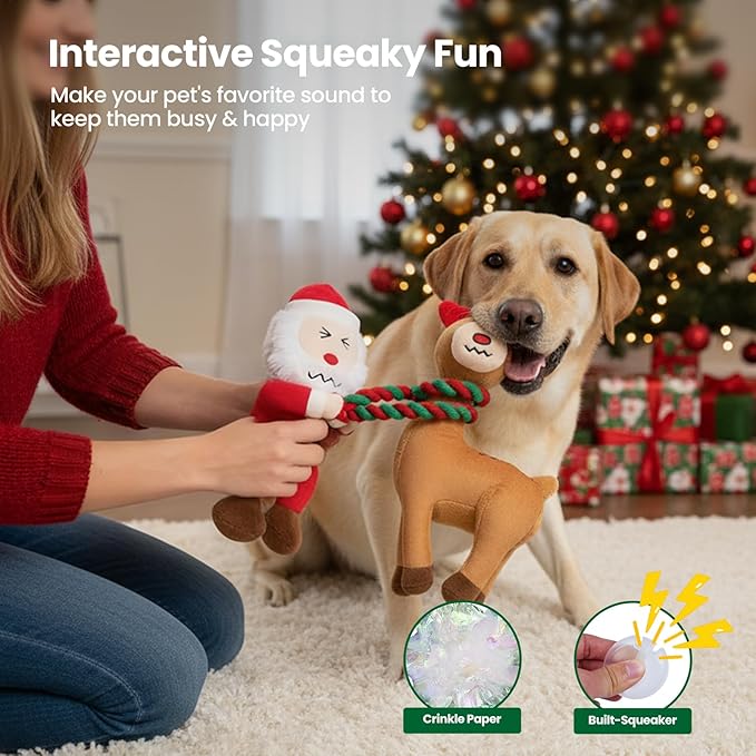 UNISE Christmas Dog Toys, Plush Squeaky Dog Toys for Large, Medium, Small Breeds with Detachable Rope to Keep Them Busy & Reduce Boredom