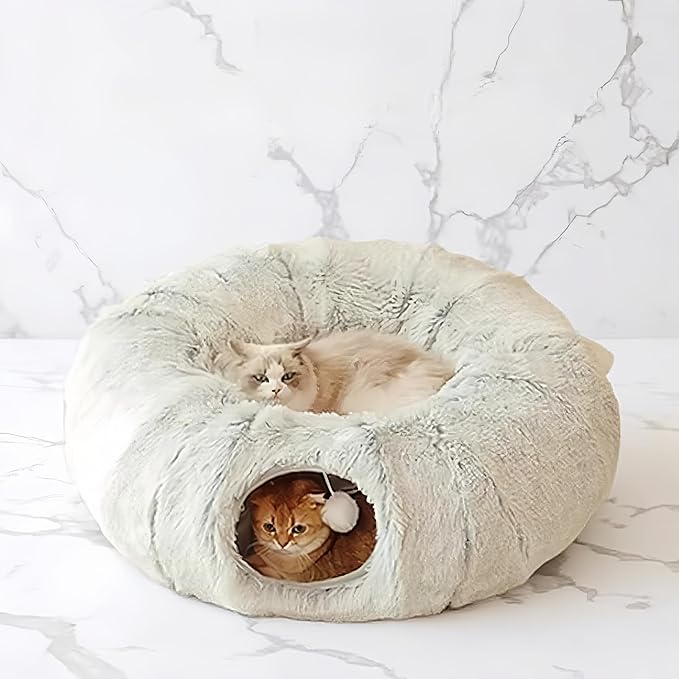 Cat Bed, Tunnel cat Bed, Foldable Furry cat Bed, Grey (33.46 inches), with Hanging Toys, Suitable for Multiple Cats Machine Washable