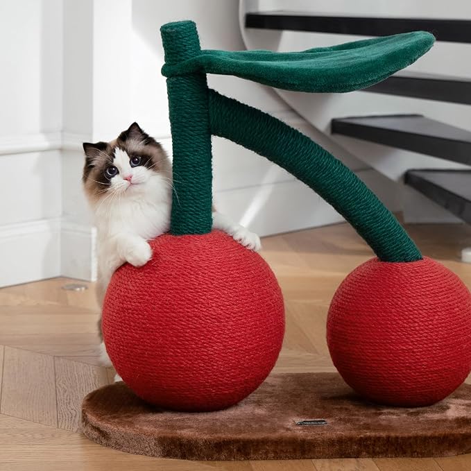VETRESKA Cat Scratching Post, Large Cherry Cat Scratcher with Hammock, Tall Cat Scratch Interactive Toy with Natural Jute Rope for Indoor Cats, Kittens