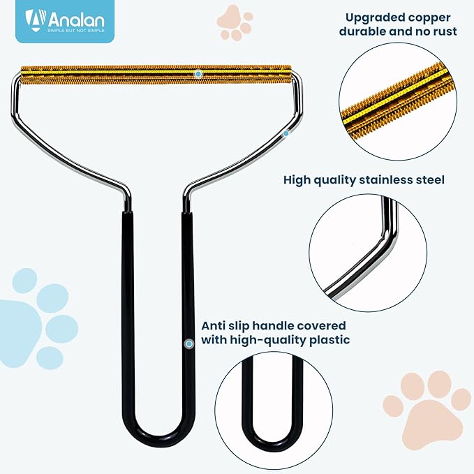 Analan 3-in-1 Pet Hair Remover & Grooming Set for Dogs & Cats – Self-Cleaning Brush for Shedding, Cat Brush, Metal Fur Remover for Couch Carpet & Car, and Rubber Tool for Clothes & Bedding