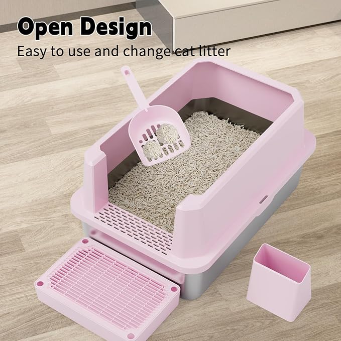 RIZZARI Large Cat Litter Box: Pink Semi-Closed Stainless Steel Litter Box with High Edges - Teflon Non-Stick Coating - Odorless Litter Pan Anti Leakage for Small to Large Cats for Bedroom Living Room