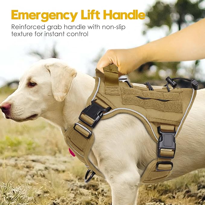 Heavy-Duty Tactical Dog Harness for Large Dogs, No Pull Adjustable Reflective Pet Vest with Molle System, K9 Military-Grade Control for Service Training, Outdoor & 10+ Breeds, Khaki, Medium