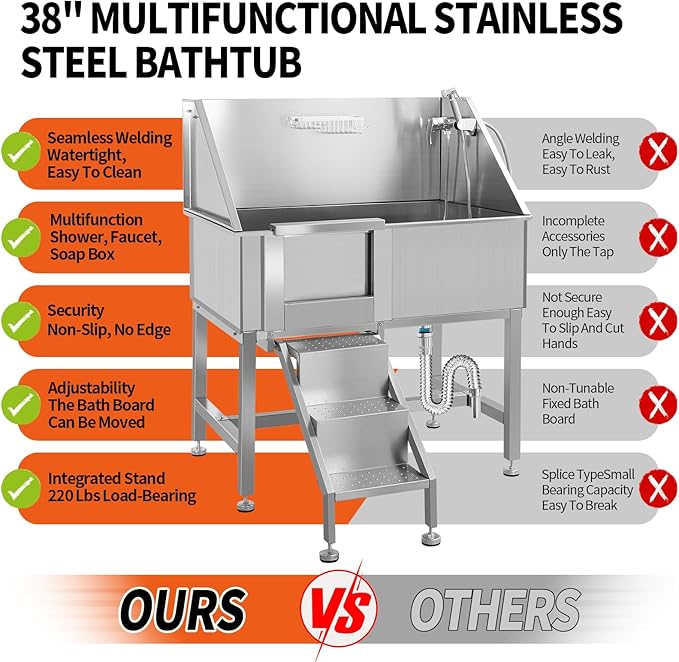 38" Stainless Steel Dog Washing Stations for Large Dogs, Pet oming Tub for Home, Professional Pet Bathtub Bathing Station, Cat Wash Station, Dog Shower Tub with Stairs, Drain & Door,L-Door
