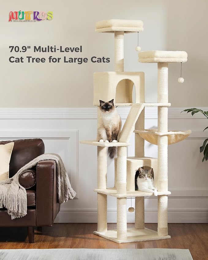 Tall Cat Tree 70.9", Large Cat Tower for Indoor Cats, Multi-Level Plush Cat Condo with 6 Scratching Posts, 2 Scratching Boards, 2 Perches, 2 Caves, Hammock, 2 Pompoms, Beige